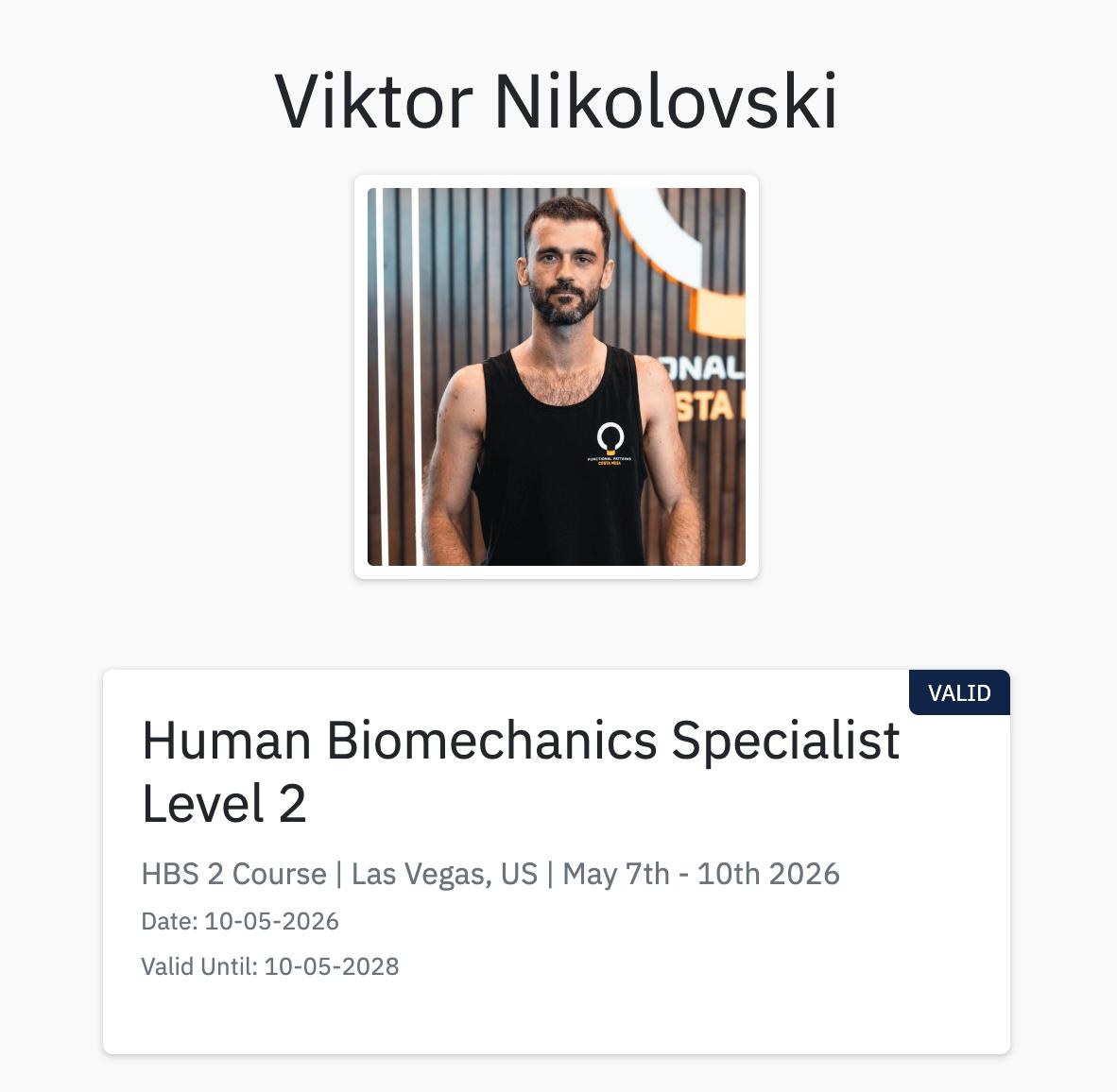Viktor Nikolovski — Human Biomechanics Specialist Level 2 certification, valid through 2028